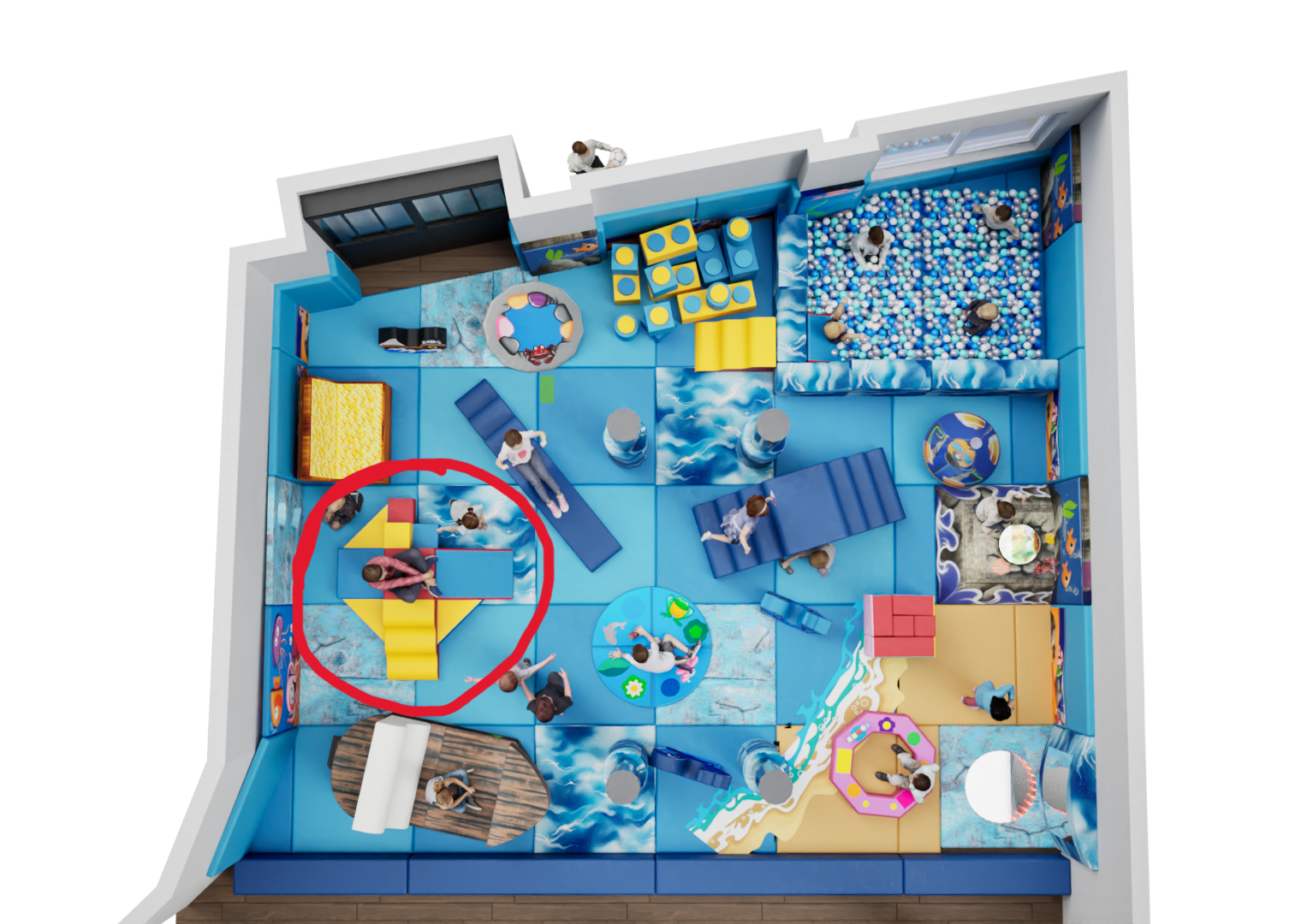 Overhead view of the colourful Little Harbour Club soft play layout with ziggurat climbing structures and play zones
